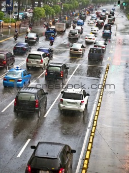 Rainy traffic jam
