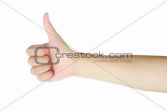 thumb up hand sign of woman isolated on white background