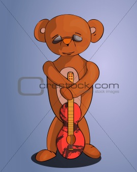 Peaceful bear in hand with a red guitar