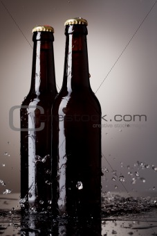 Beer bottles with water splash