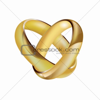 A pair of intertwined ladies and mens wedding rings 