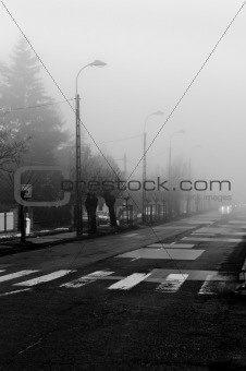 Dark road in fog focus on crosswalk with  cars in the background