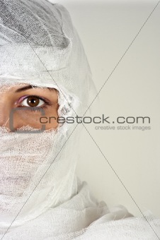 Girl after accident against white isolated background