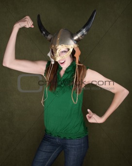 Woman in Viking Helmet Flexes Her Muscles