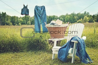 Jeans hanging on clothesline on a summer afternoon
