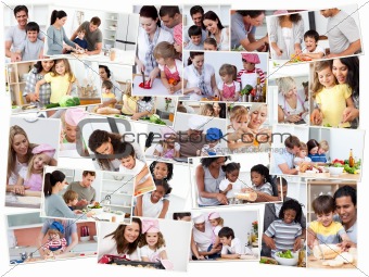 Collage of adults cooking with their children
