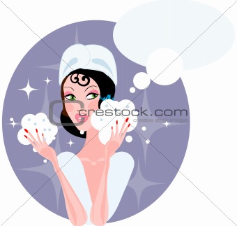 Spa beauty treatment / Woman in bathroom cleaning face with foam