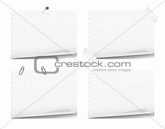 Set of notepad pages with paper curl, isolated on white background