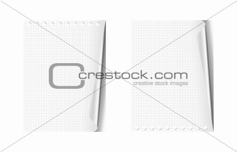 Set of notepad pages with paper curl, isolated on white background