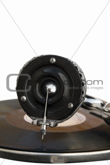 Antique old player (gramophone) isolated on a white background