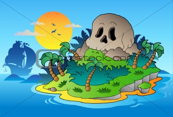 Pirate skull island with ship
