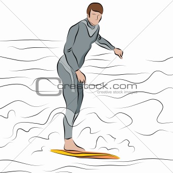 Man Surfing on Surfboard Line Drawing