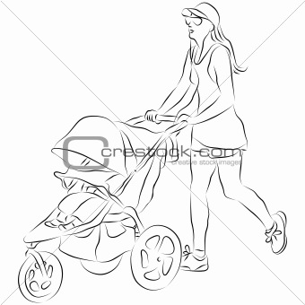 Mom Pushing Baby Stroller