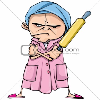 Cartoon of mean old woman with a rolling pin