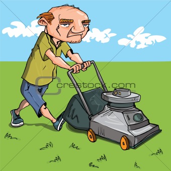 Cartoon man mowing his lawn