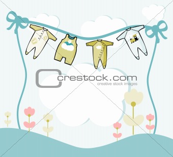 Card  illustration with baby clothes and flowers