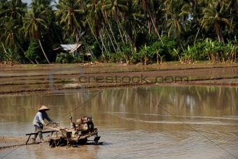 plough machine and farmer in the paddy field