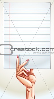 Female hand holding notepad page.