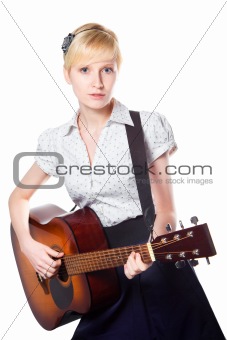 young woman playing guitar on isolated white