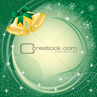 Gold christmas bells on green
