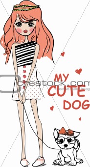 cute illustration girl with dog