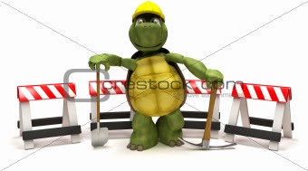 tortoise with a spade and pick axe with hazard barriers