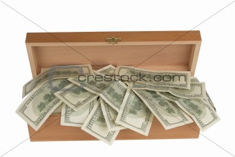 Open wooden box with money