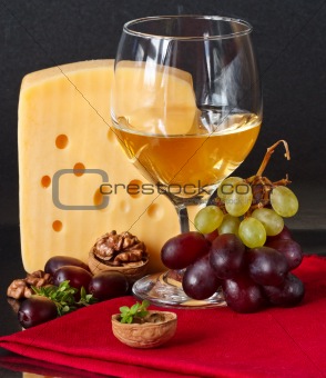 Cheese, grapes, wine.