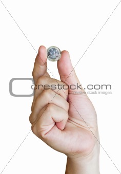 hand holding one euro coin, on white background