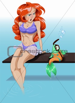 Woman And Fish Talking At The Pool