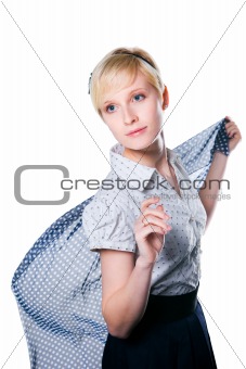 romantic blonde girl waiting her dream and looking afar on isolated white