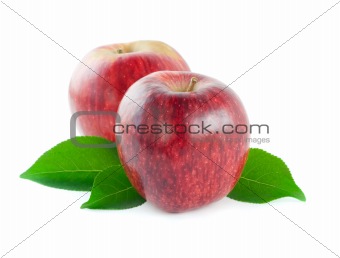 Two red apples with leaves