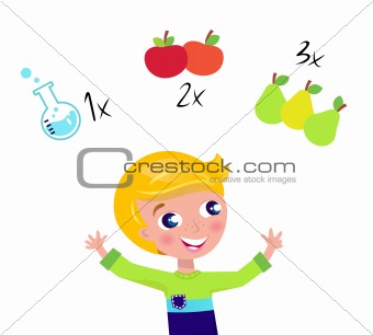 Cute blond boy learning math and counting isolated on white
