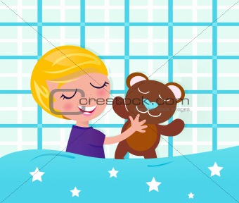 Cute sleeping and dreaming boy with teddy bear
