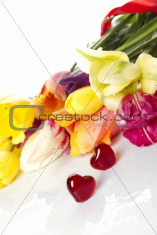 Tulips and two red hearts