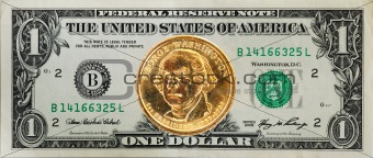 The United States $1 dollar bill with the George Washington dollar coin on the top