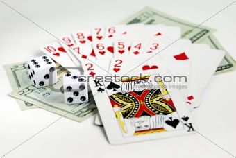 Gamble with playing cards and two dices