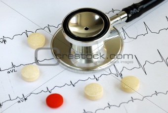 A stethoscope on the top of the EKG chart with pillsA stethoscope on the top of the EKG chart with pills
