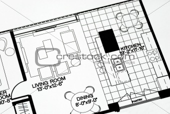 A floor plan focused on the living room and kitchen