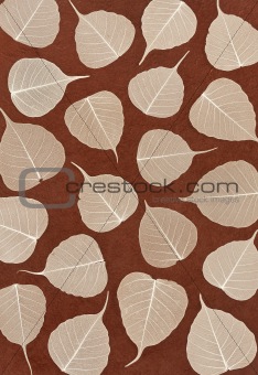 Skeletal leaves over brown handmade paper - background