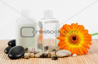 Sunflower with  round smooth pebbles and glass bottles
