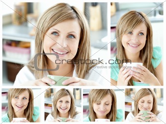 Collage of a young woman drinking a cup of coffeein the living r