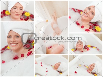 Collage of a woman having a bath