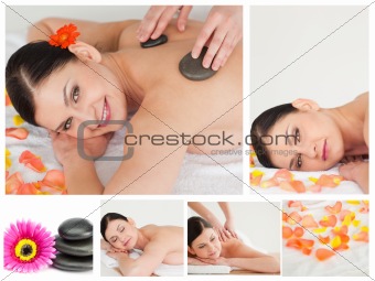 Collage of a woman havin a stone massage in a spa