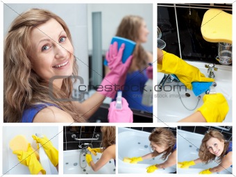 Collage of a woman washing her bathroom