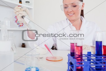 Pretty red-haired scientist using a pipette