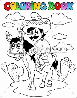 Coloring book with man riding donkey