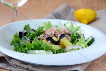 Traditional salad nicoise with fish, onions and potatoes