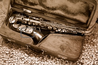 Saxophone in old leather case - still life