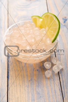 tapioca pearls with lime. white bubble tea ingredients